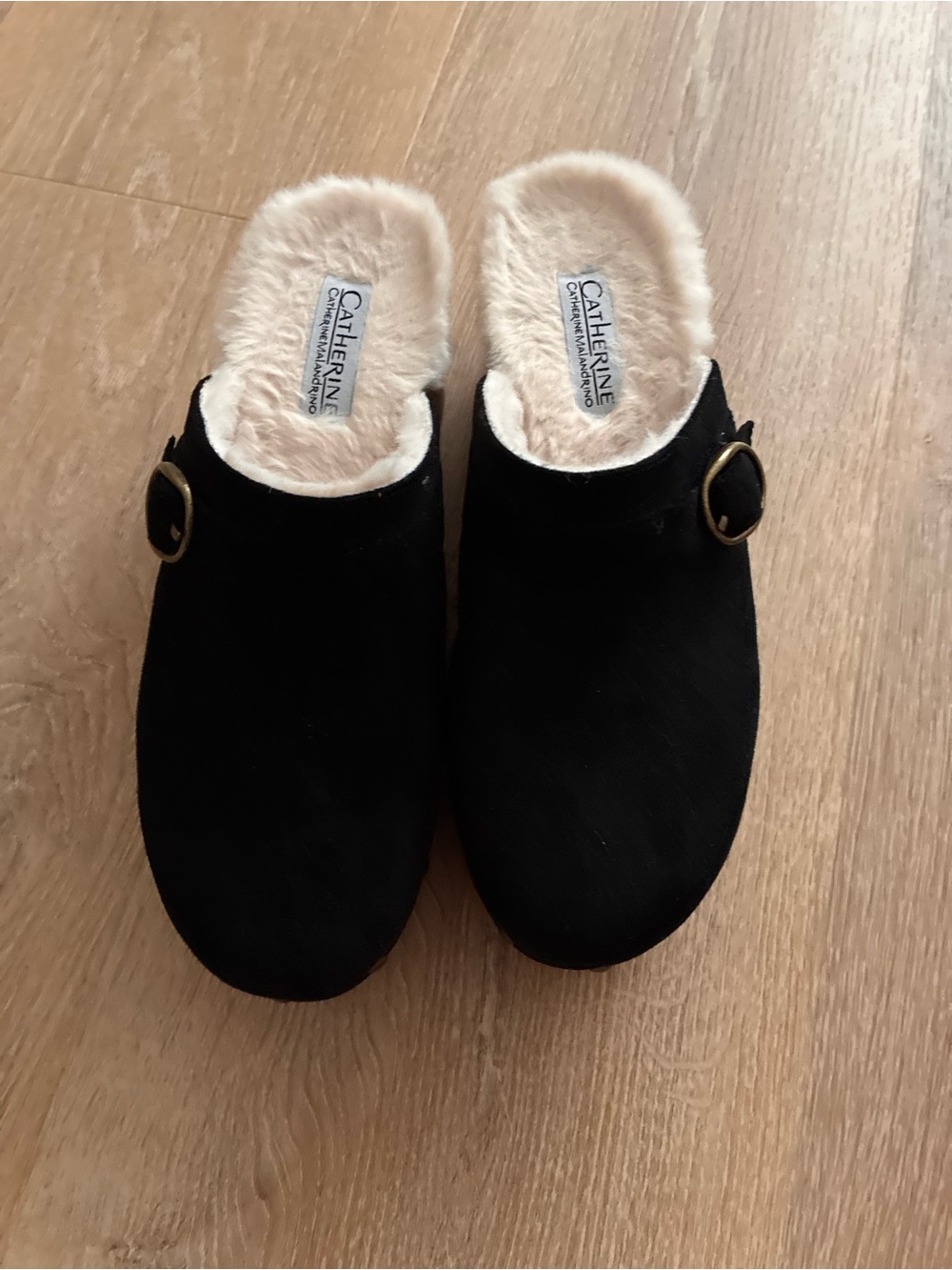 Black Faux-Fur Lined Slip-On Clogs with Buckle